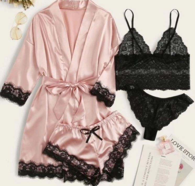 3 Piece Lingerie Sleepwear Set - Pink - Robe, Bralette & Pajama Shorts for Women by Elecurve