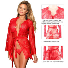 Red Eyelash Lace Sleepwear Robe Gown With Thong