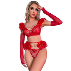 Red Ruby Premium Feather Lingerie Set with Sleeves and Stocking by Elecurve
