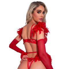 Red Ruby Premium Feather Lingerie Set with Sleeves and Stocking by Elecurve