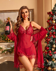 Fiery Red Hot Baby Doll Lingerie WIth Robe
