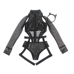 Elecurve Zipper Front Long Sleeve |Faux Leather |Devil Costume Lingerie For Women| Black