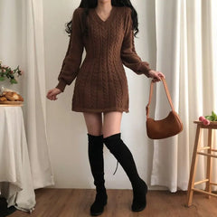 V Neck Long Sleeve Knit Mini A-Line Winter Dress